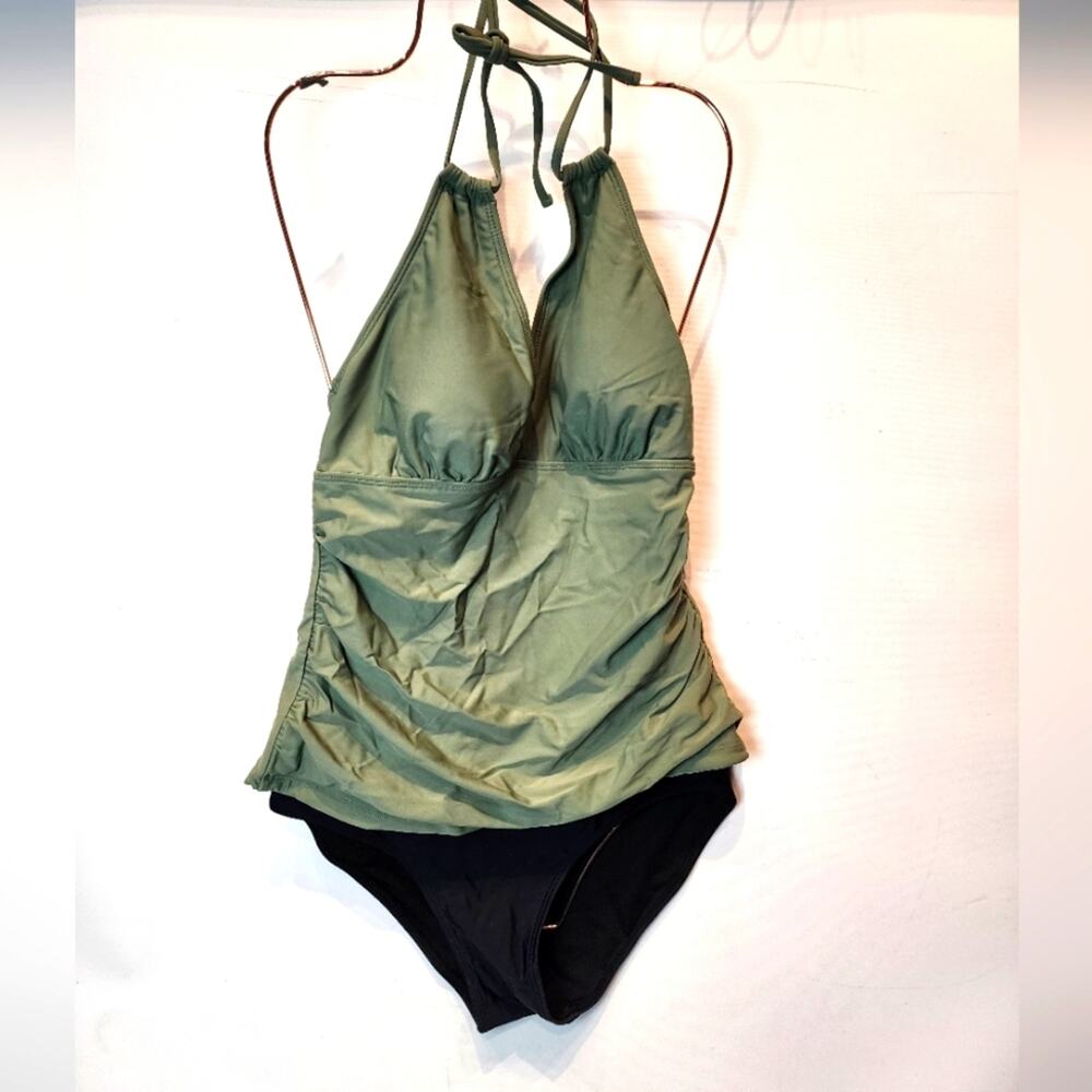New Yonique 2 Piece Sage Tankini Swimsuit Olive Black Two‎ Piece Halter Top  M